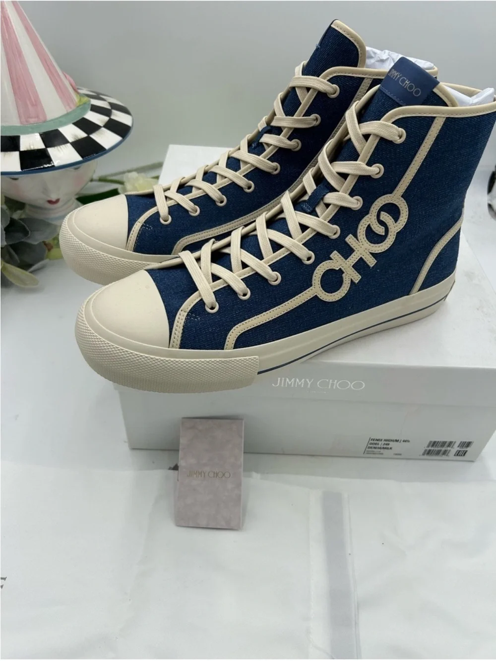 Men’s Jimmy Choo FENIX denim high top logo sneakers size 44.5